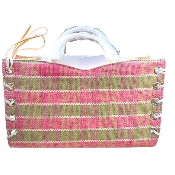 NWT 60s Vintage Pink & Green Plaid Tote Leather Rattan Tote Lace-up Sides Retro - Picture 1 of 9